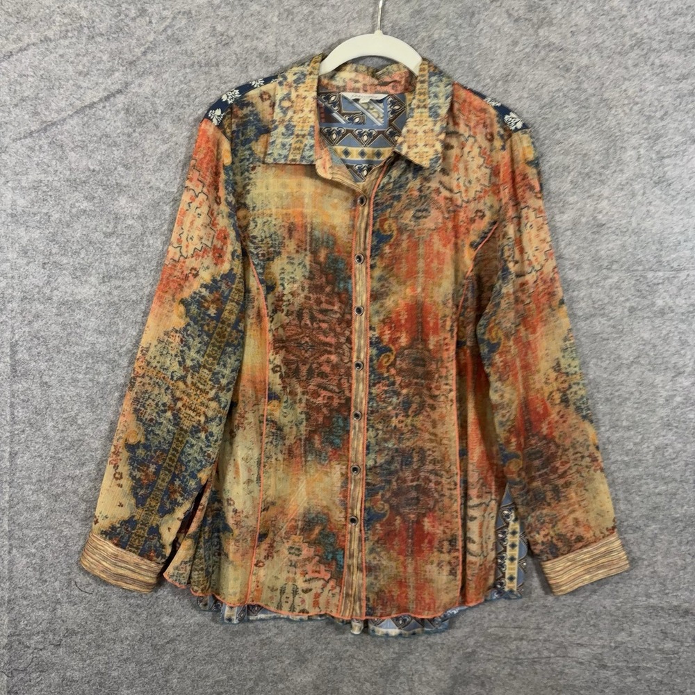 John Mark Tunic Blouse Womens Sz L Multicolor Sheer Chiffon Ruffles Embroidered